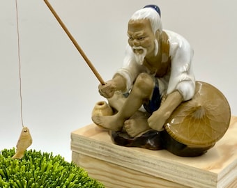 Antique Chinese Mud Man | Collectible Shekwan Mud Man Mudware | Handmade Majolica Chinese Mudman | Fisherman with Pole | Bonsai Decor
