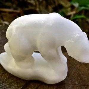 Carved Polar Bear Figurine | White Marble Polar Bear on Ice Floe | Polar Bear on Ice | Tiny Marble Sculpture Statue Figurine Bear Decor