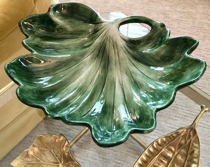 Vintage Bassano Italian Pottery Majolica Leaf Dish Bowl Green Leaf Made