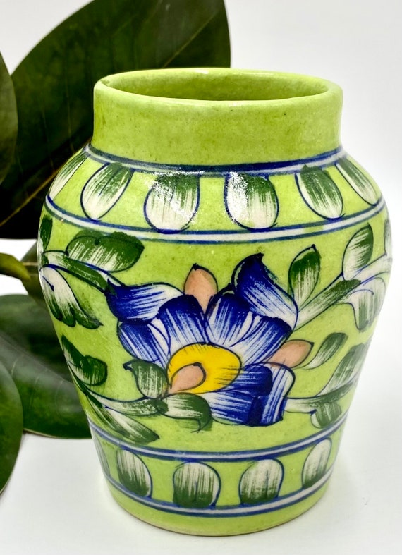 A Sweet Little Hand-painted Clay Vase | Vine Design With Blue