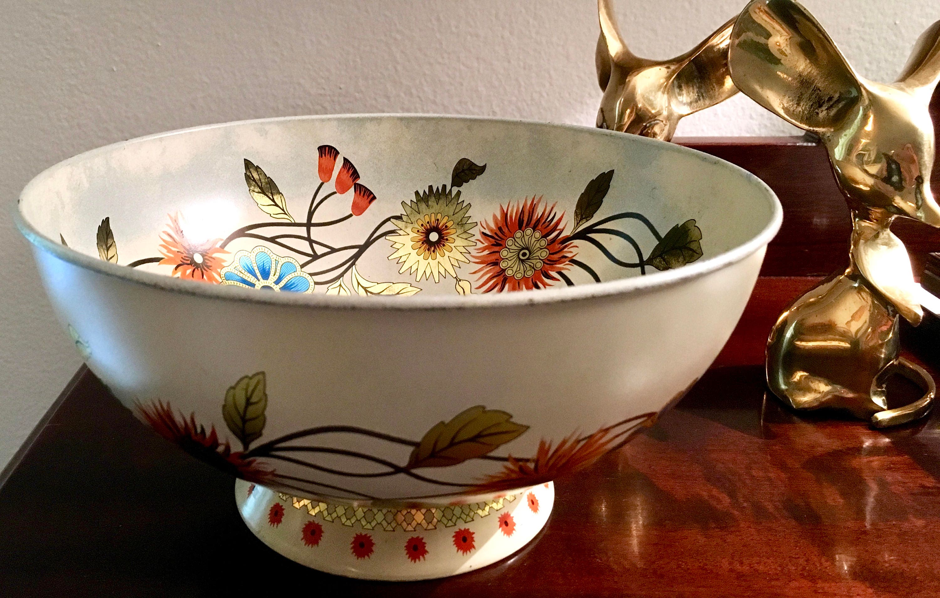 Baret Ware Tole Pedestal Bowl Wildwood Pattern Painted Floral Design Metalware Tinware Bowl Made in England Etsy