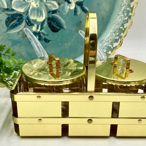 Vintage Brass and Glass Condiment Set | Two Glass Jars with Lids and Acrylic Spoons | Brass Metal Carrying Basket with Handle