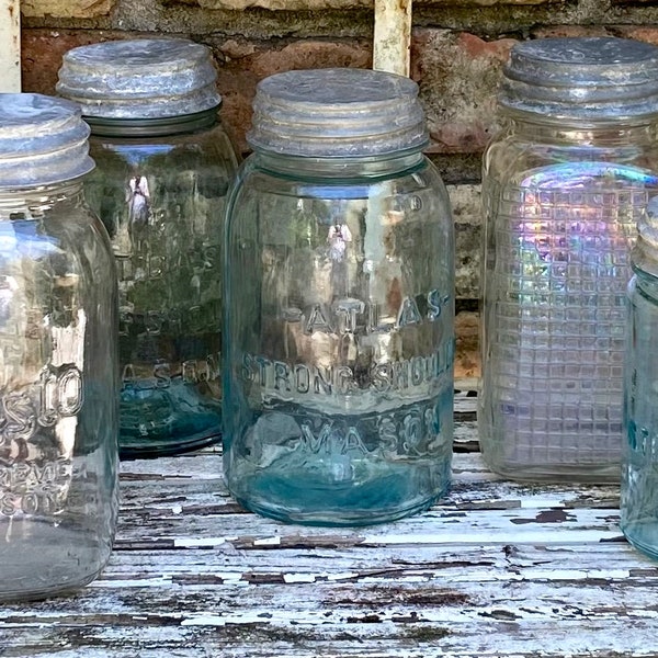 Vintage Mason Glass Canning Jars | Waffle Pattern | Quilt Pattern | Clear Blue | Zinc Lids with Boyd's Inserts | Kitchen Decor Craft Project