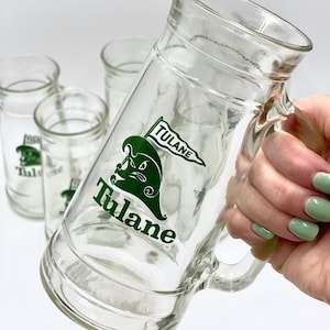 Vintage Tulane University Collegiate Memorabilia | Megaphone Shaped Tulane Green Wave Glassware Barware | Tulane and Sugar Bowl Postcards