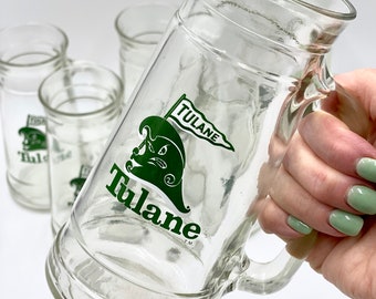 Vintage Tulane University Collegiate Memorabilia | Megaphone Shaped Tulane Green Wave Glassware Barware | Tulane and Sugar Bowl Postcards