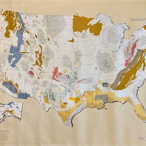 May include: A vintage map of the United States showing different geological formations in various colors, including gold, red, blue, and green. The map is labeled "Proprietary Data".