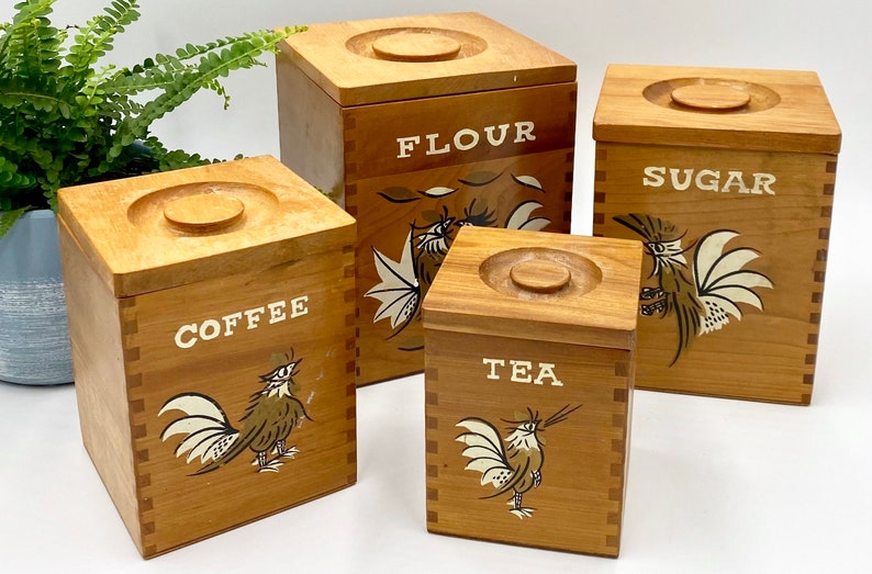 Vintage Wood Canister Set Rooster Design