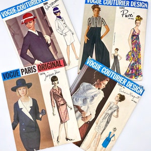 May include: Five vintage Vogue sewing pattern books featuring designs by Do Matthi, Jacques Heim, Pucci, and Federici Forquet. The patterns are for dresses, pantsuits, and a cape.