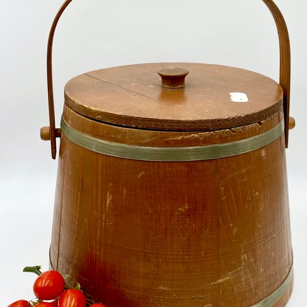Vintage Firkin Bucket with Lid | New England Shaker Style Wooden Bucket | Bentwood Swing Handle | Two Metal Bands | Rustic Lidded Pail