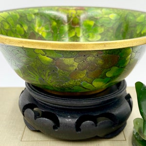 Gorgeous Cloisonné Enamel Bowl | Green Floral Pattern | Thick Golden Brass Rim | Asian Cloisonné Bowl Decor | Collectible Asian Enamel Art