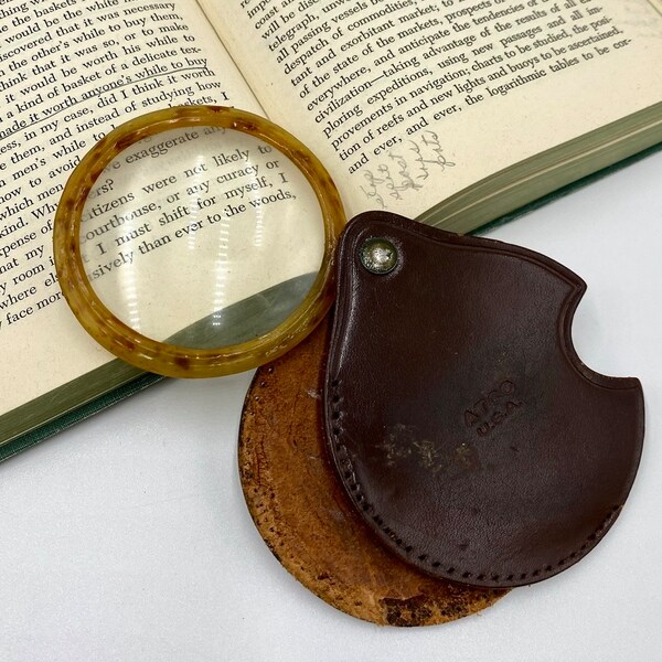 Vintage Collectible ATCO Magnifying Glass | Small Magnifying Lens | Faux “Tortoise Shell” Bakelite Celluloid Rim | Genuine Leather Pouch