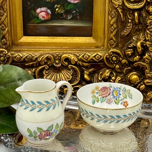 Vintage Wedgwood Bone China | Open Sugar Bowl and Creamer | Charming Blue and Pink Floral Design | Woodstock Pattern | English Bone China