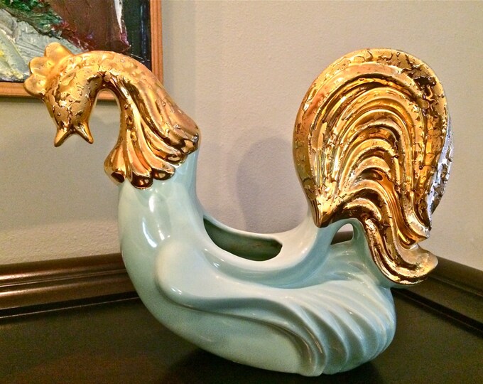 Stunningly Retro Ceramic Rooster Vase Turquoise Blue and 24 KT Gold Mid