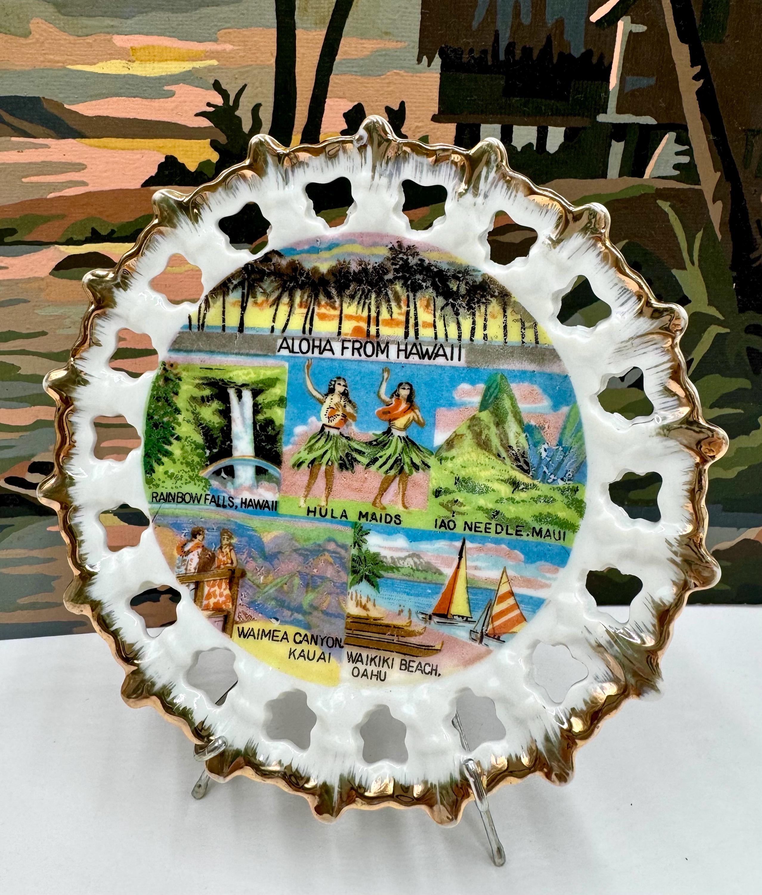 Vintage Porcelain Souvenir Plate | Aloha From Hawaii | Pierced Rim
