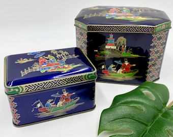 TWO Vintage Daher Tin Caddies | Metal Boxes | Hinged Lids | Chinoiserie Tinware Boxes | Tea Caddies | Trinket Boxes | Asian-Inspired Decor