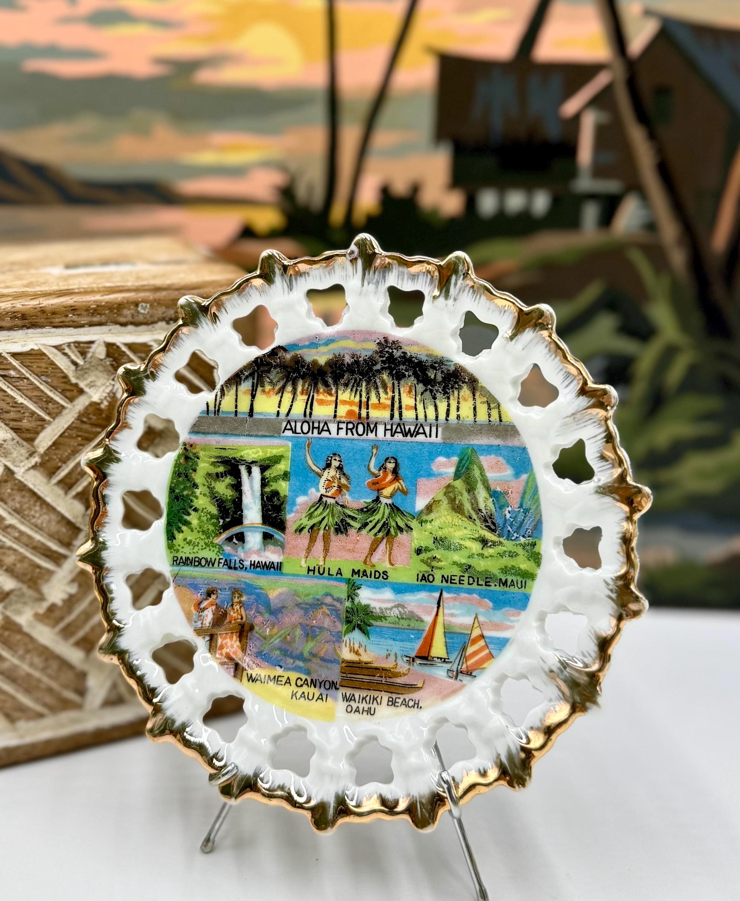 Vintage Porcelain Souvenir Plate | Aloha From Hawaii | Pierced Rim