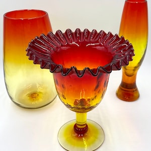 Vintage Mouth-Blown Art Glass | Jewel-Tone Tangerine Amberina Glass | Ruffled Compote | Pilsner Vase | Oval Vase | Blenko Rainbow Pilgrim