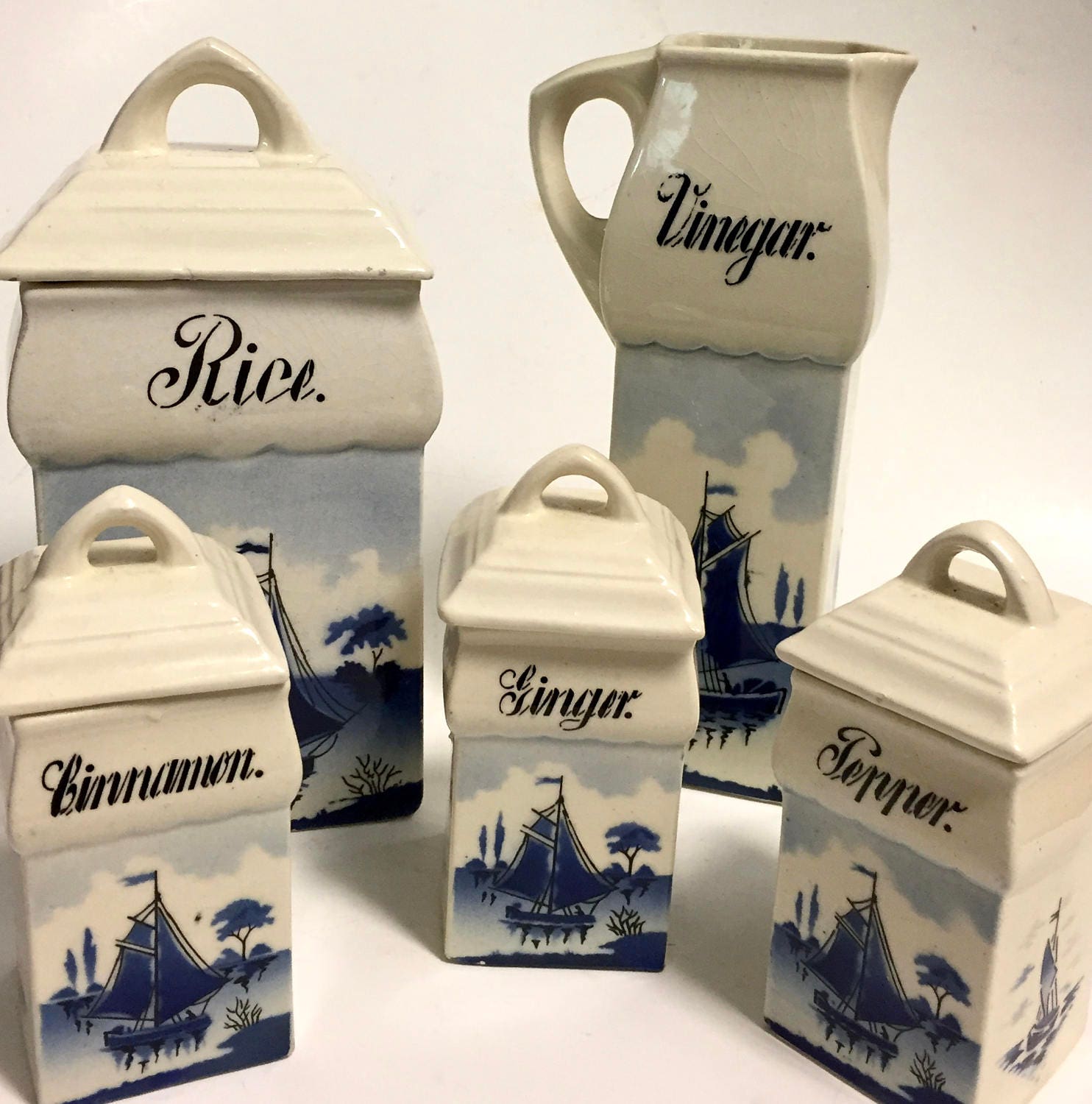 Set of Vintage Renate Ceramic Blue and White Canisters | Spice