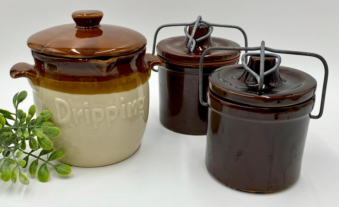 Vintage Farmhouse drippings Jars Grease Jars Glazed Stoneware Crocks With Metal Bale Closures