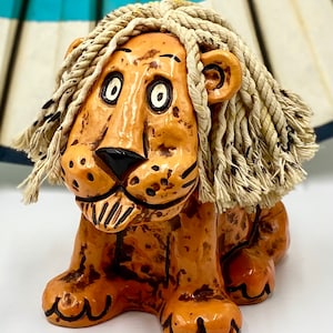 Vintage Papier Mache Lion Bank with String Mane | Figural Lion Slot Bank | Brucie the Lion | Retro Lion Bank | Money Storage | Leo Kitsch