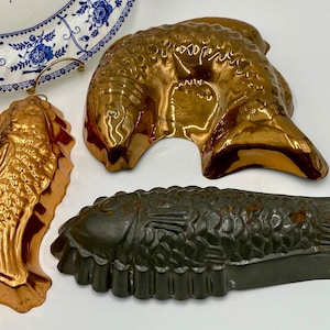 Vintage Fish Molds | Tin-Lined Copper Fish Molds | Straight & Curved Fish | Tin Fish Mold | Jello Aspic Chocolate Mold | Kitchen Decor