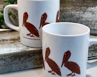 Vintage Brown Pelican Coffee Mugs | White Ceramic Coffee Cups | Brown Pelicans | NOLA | Louisiana State Bird | Retro Godchaux Maison Blanche