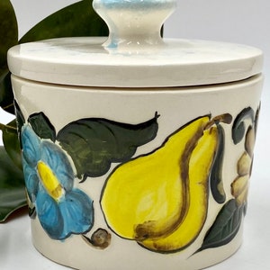 Vintage Ceramic Jar Canister | Pet Treat Jar | &quot;Drippings&quot; Grease Jar | Hand-Painted Jar with Lid | Fruit Flower Detail | Cute Kitchen Decor