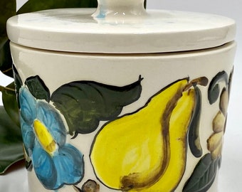 Vintage Ceramic Jar Canister | Pet Treat Jar | "Drippings" Grease Jar | Hand-Painted Jar with Lid | Fruit Flower Detail | Cute Kitchen Decor