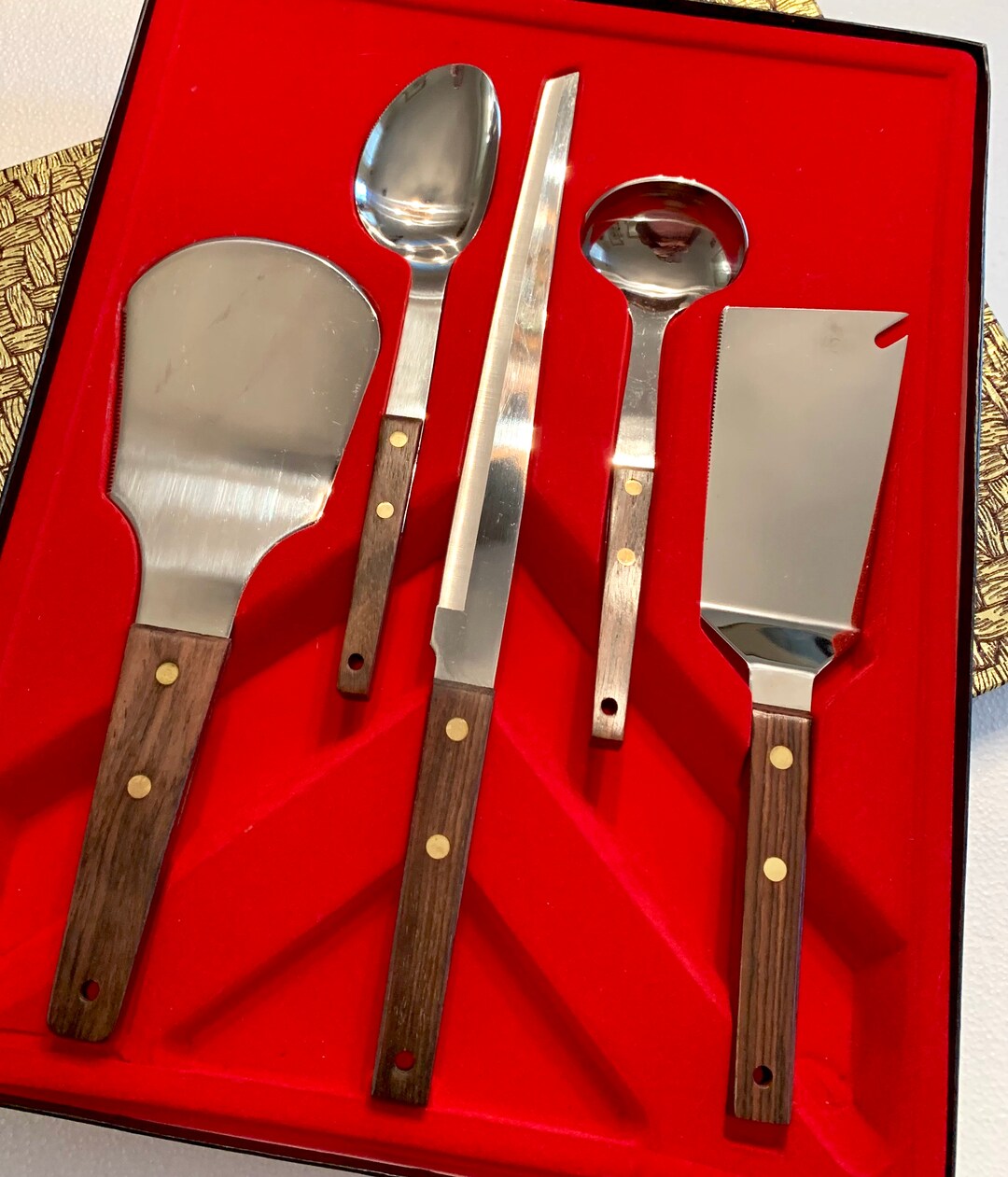 Vintage Vernco Serving Utensil Set Stainless Steel With Wooden Handles