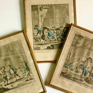 Antique Hand-Colored French Engravings | Auguste de Saint-Aubin | La Toupie | Le Coupe-Tete | La Sortie du College | Framed and Matted