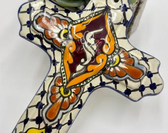 Vintage Talavera Painted Pottery Cross | Brightly Painted Folk Art Cross | Wall Hanging | Religious Christian Home | Mexican Painted Pottery