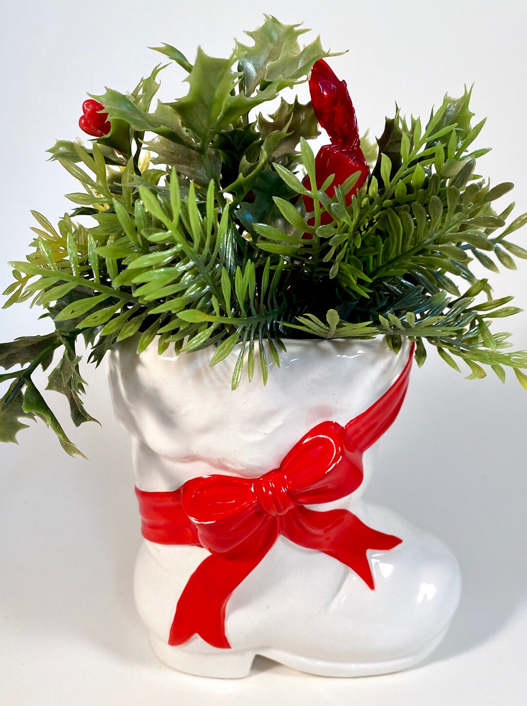 Vintage Christmas Decor Ceramic Santa’s Boot With Red Bow Detail
