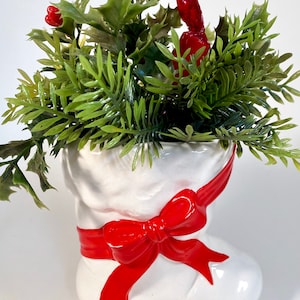 Vintage Christmas Decor | Ceramic Santa&#39;s Boot with Red Bow Detail | Original Plastic &quot;Greenery&quot; | Holiday Christmas Decor for Small Space