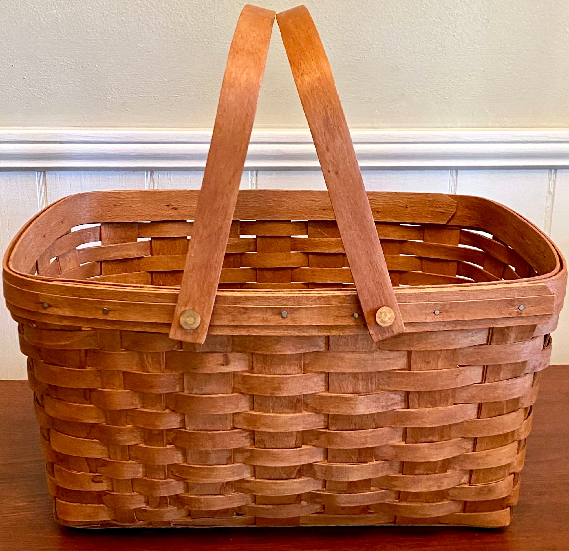 Vintage Longaberger Woven Slat Basket With Handles | Wooden Slat