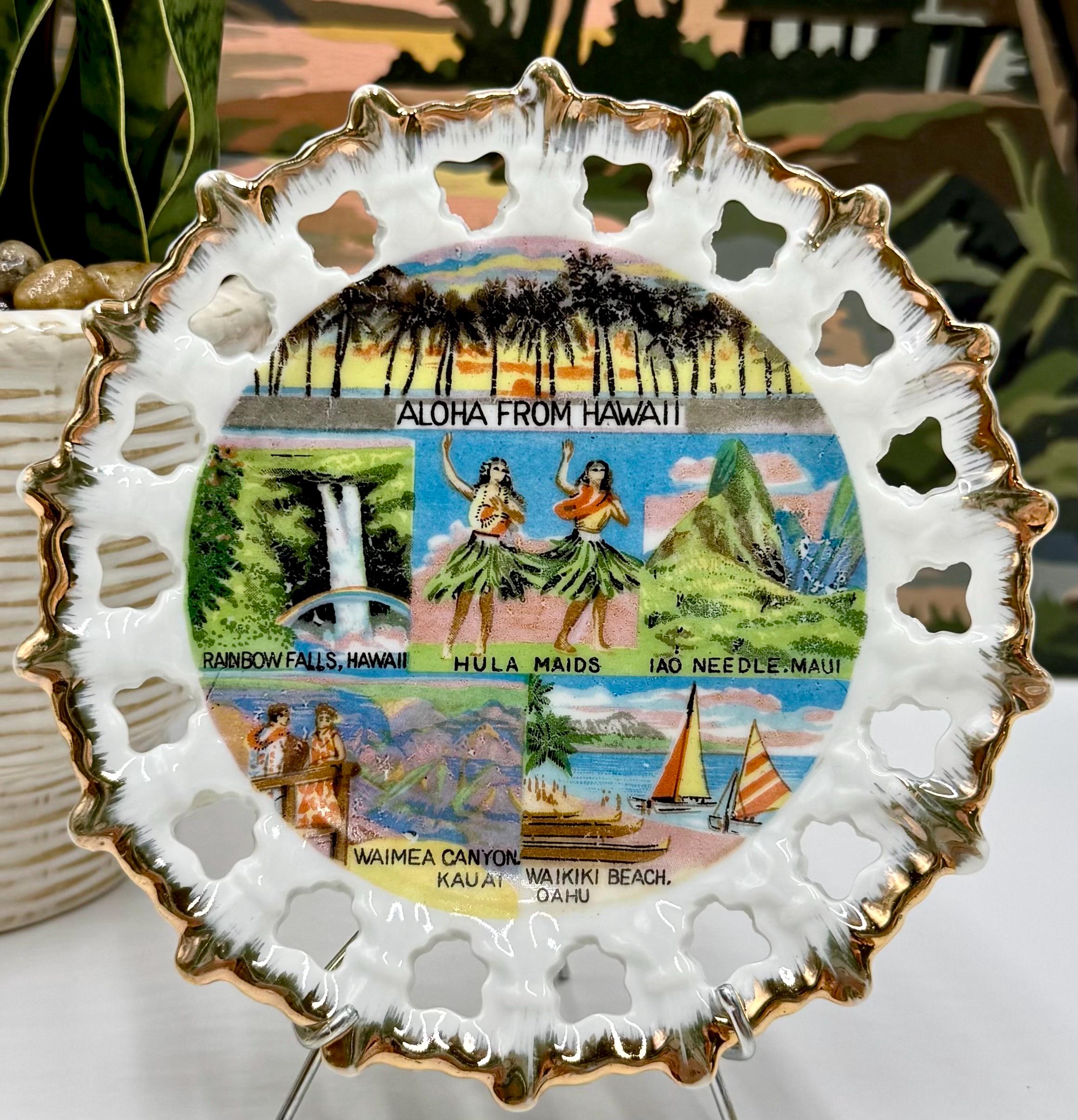 Vintage Porcelain Souvenir Plate | Aloha From Hawaii | Pierced Rim