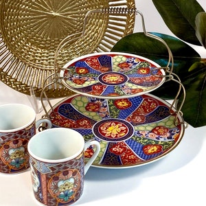 Vintage Imari Ware Plates and Cups with Presentation Stand | Double-Decker Plate Stand | Japanese Imari Ware Tea Cups and Dessert Plates