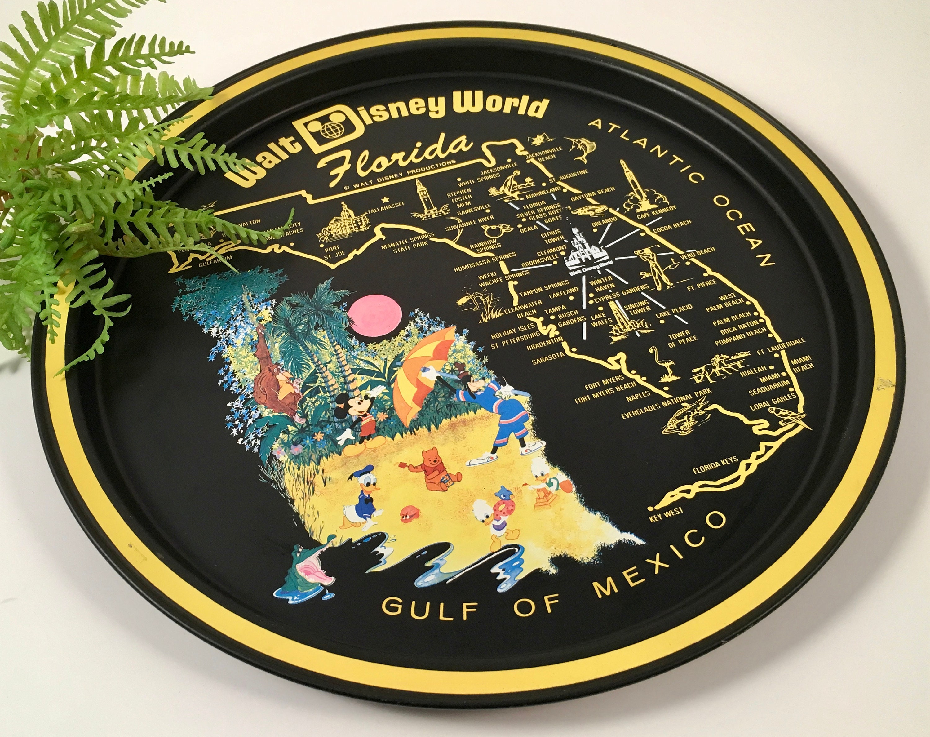 Vintage Retro Walt Disney World Tray | Round Metal Souvenir Tray