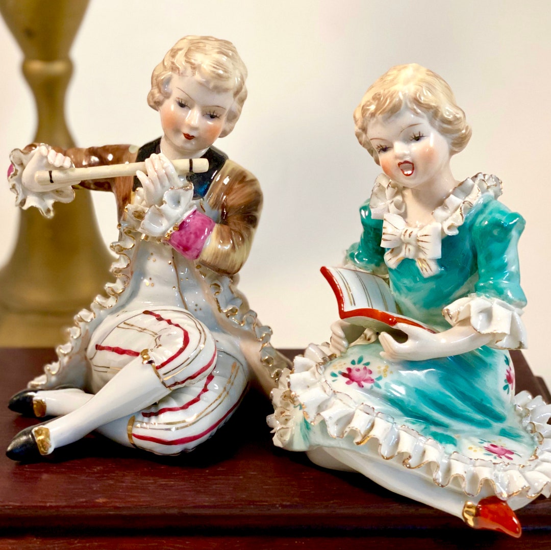 Vintage Porcelain Boy and Girl Figurines Boy Playing Flute Singing Girl