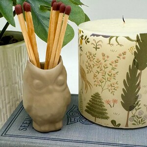May include: A ceramic owl matchstick holder with a brown glaze. The holder is filled with wooden matches with red tips. The holder is sitting on a book with a blue cover and gold lettering. A candle with a floral pattern is in the background.