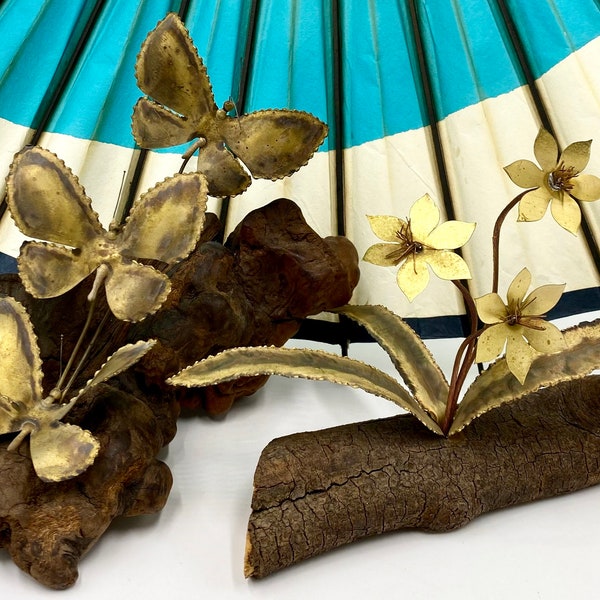 Vintage MCM Jere Era Brass Sculptures | Butterflies on Driftwood Log | Flowers on Wooden Log | Retro Decor for Tabletop or Open Shelf