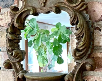 Ornate Carved Wooden Mirror with Display Shelf | Vintage Solid Wood Mirror | Acanthus Leaf Design | Mirror Wall Display