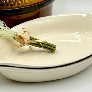 Large Vintage Ceramic Pottery Oval Au Gratin Baking Dishes | Oval Casseroles | Oven-to-Table Cookware | White Glaze | MCM Kitchenware