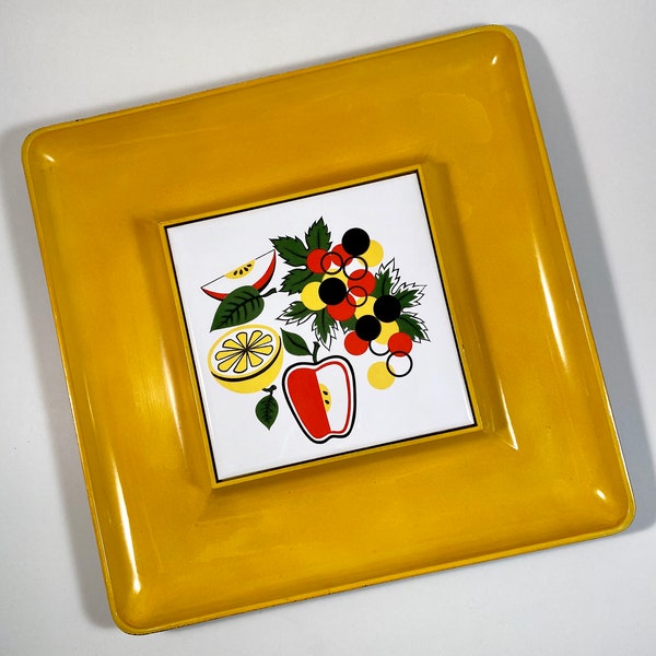 Retro Cheese and Cracker Tray | Lacquered Snack Serving Tray | Party Tray | Apples Grapes Citrus Graphics | Mid Century Modern Snacking