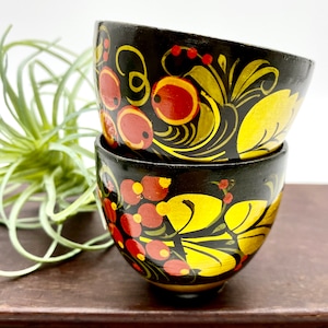 Khokhloma Painted Wooden Cups | Lacquered Wooden Cups | Red Berries | Gold Leaves | Black Background | Russian USSR Folk Art | Cup Decor