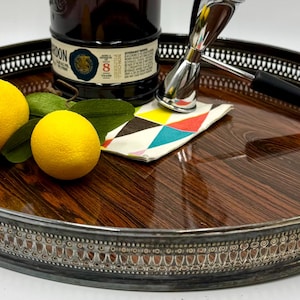 Lovely Sheffield Silverplate Circular Tray with Faux Wood Formica | Pierced Metal Sides | Liquor Tray | Bar Tray | Plant Tray | Vanity Tray