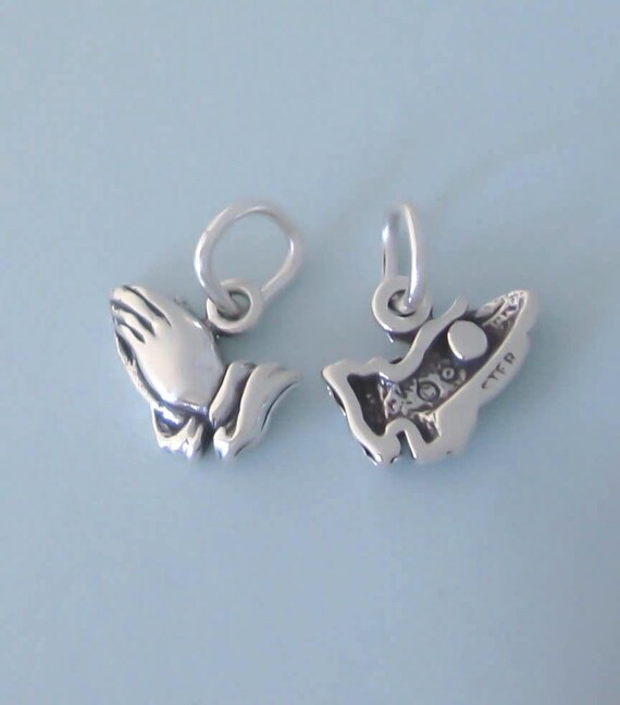 Sterling Silver 3D Detailed Two Hands Joined In Prayer Praying Hands Dangle Charm Bead For Bead Bracelet