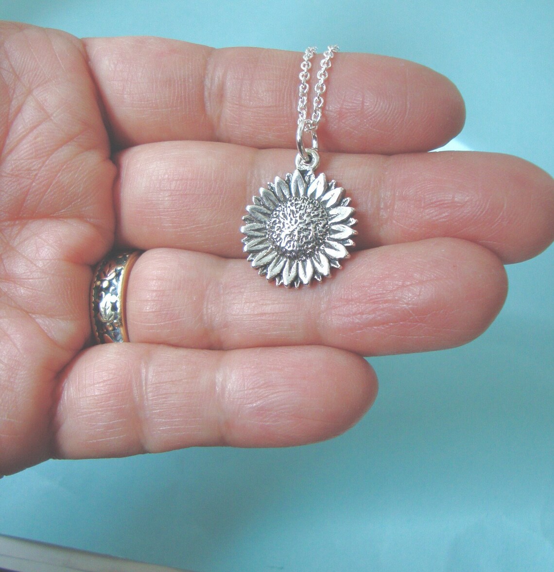 Sterling Silver Sunflower Pendant Necklace Flower Necklace Etsy
