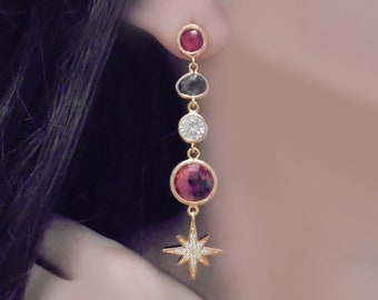 Boho Luxe Earrings Fine Jewelry Princess Chandeliers, Raspberry Quartz & London Blue Crystal Chandeliers Zircon Earrings AZALIYA Jewelry VIP