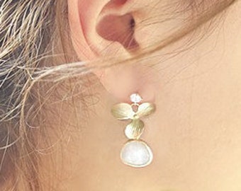 Wedding Jewelry Wedding Earrings White ORCHID Earrings Gold Post Chandeliers White Opal Zircon