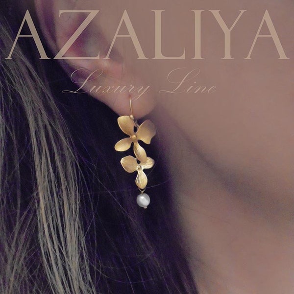 Gold Earrings Orchid & Pearl, earrings party, bridal earrings, flower earrings, pearl earrings. Azaliya Luxury Line. Bridal, Bridesmaid Gift